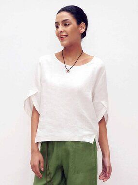 LINTICO 100% Linen Round Neck Petal-Sleeve Pullover "LAUREL" | Optic White